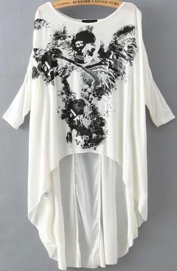 Romwe Dip Hem Skull Print White Top