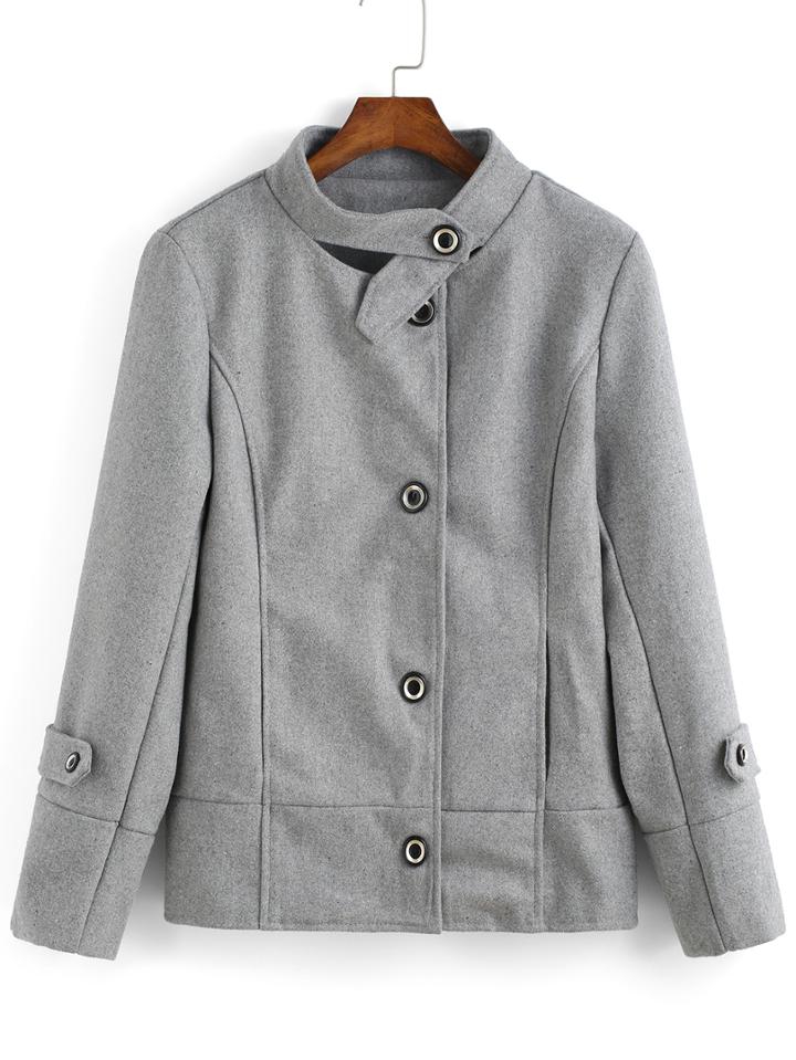 Romwe Stand Collar Buttons Slim Coat