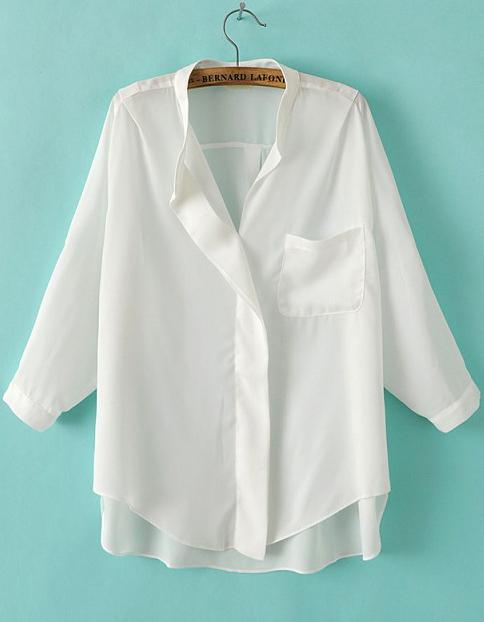 Romwe White Stand Collar Pocket Dip Hem Blouse