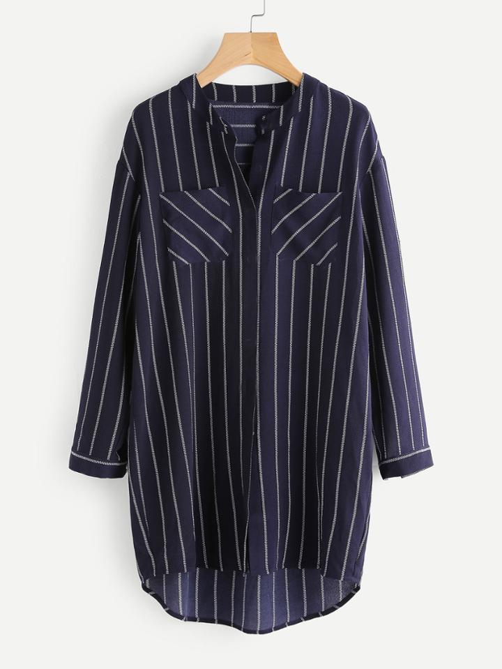 Romwe Hidden Placket Pinstripe Shirt Dress