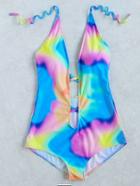 Romwe Multicolor Printed Plunge Neck Criss Detail One-piece Swimwear