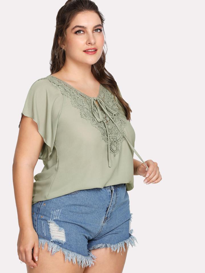 Romwe Guipure Lace Panel Tie Neck Tee