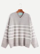 Romwe Light Grey Striped V Neck Drop Shoulder Sweater