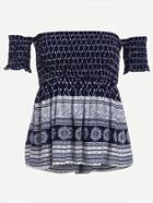 Romwe Navy Ornate Print Smocked Off The Shoulder Top