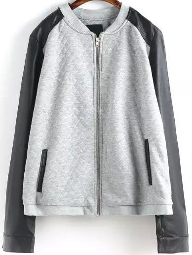 Romwe Contrast Sleeve Zipper Grey Sweatshirt