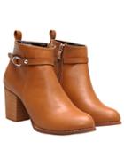 Romwe Brown Pointy Side Zipper Pu Chunky Heels Boots