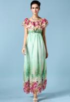 Romwe Off-shoulder Floral Flouncing Green Dress