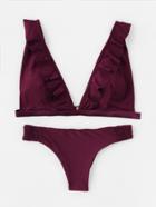 Romwe Ruffle Plunge Neckline Shirred Detail Bikini Set