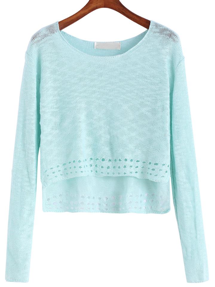 Romwe Dip Hem Hollow Green Sweater