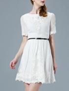 Romwe White Round Neck Short Sleeve Embroidered Drawstring Dress