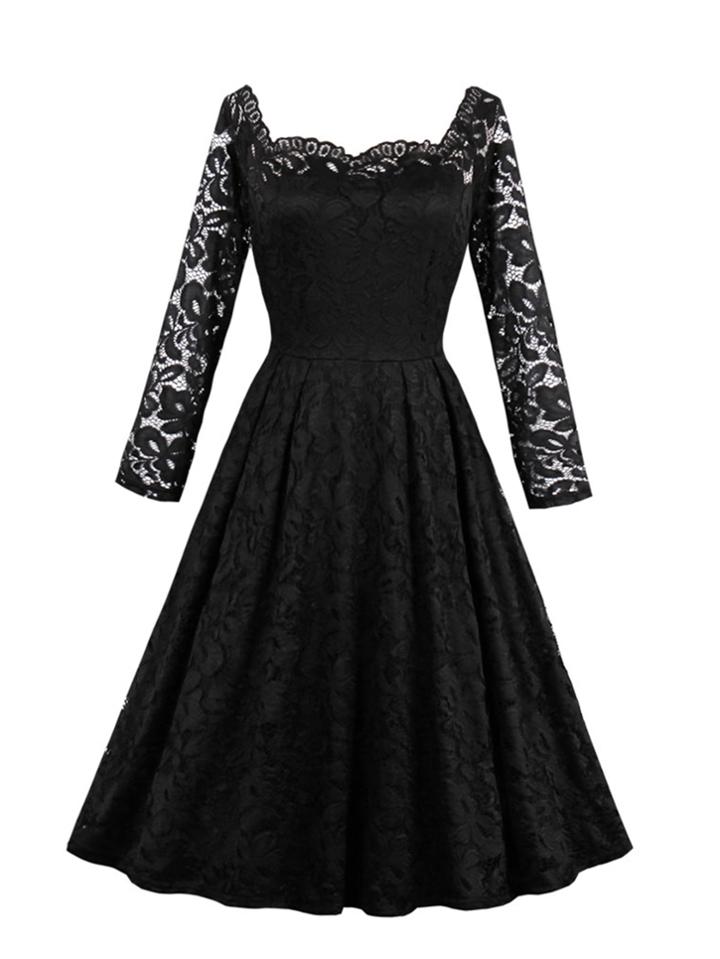 Romwe Lace Panel Zip Detail Flare Dress