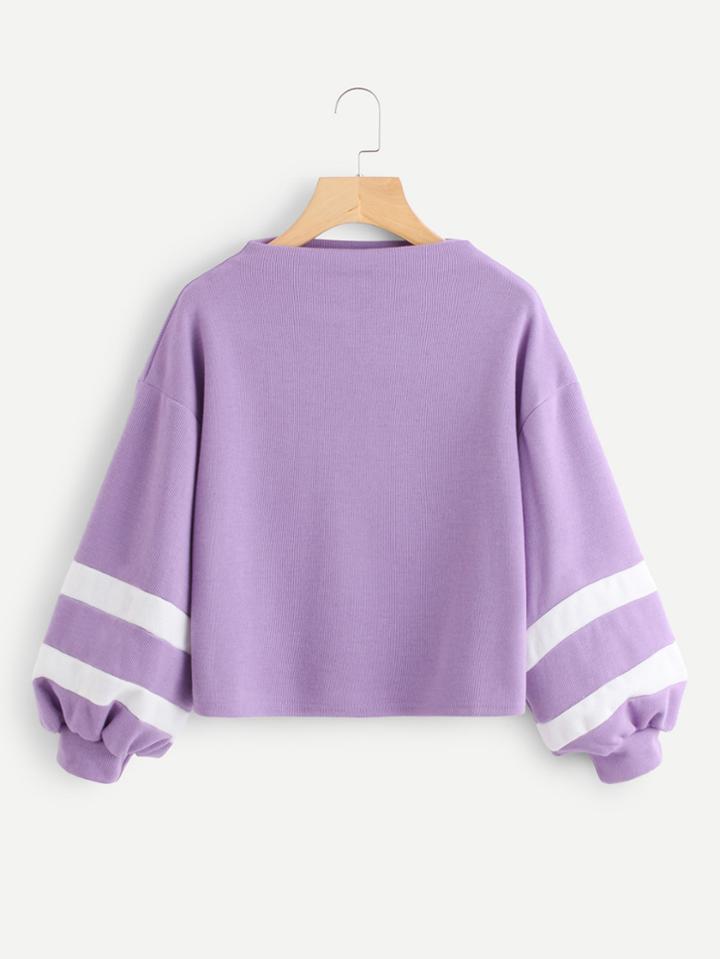 Romwe Lantern Sleeve Varsity Striped Sweatshirt