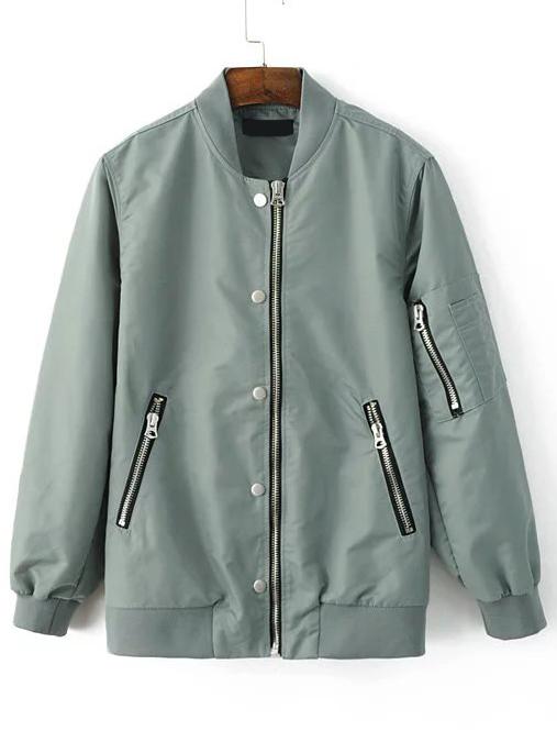 Romwe Green Stand Collar Bomber Jacket With Zipper
