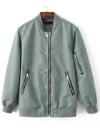 Romwe Green Stand Collar Bomber Jacket With Zipper
