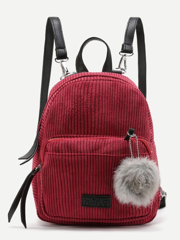 Romwe Pom Pom Decorated Corduroy Backpack