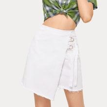 Romwe Solid Raw Hem Denim Wrap Skirt