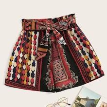 Romwe Plus Tribal Print Self Tie Shorts