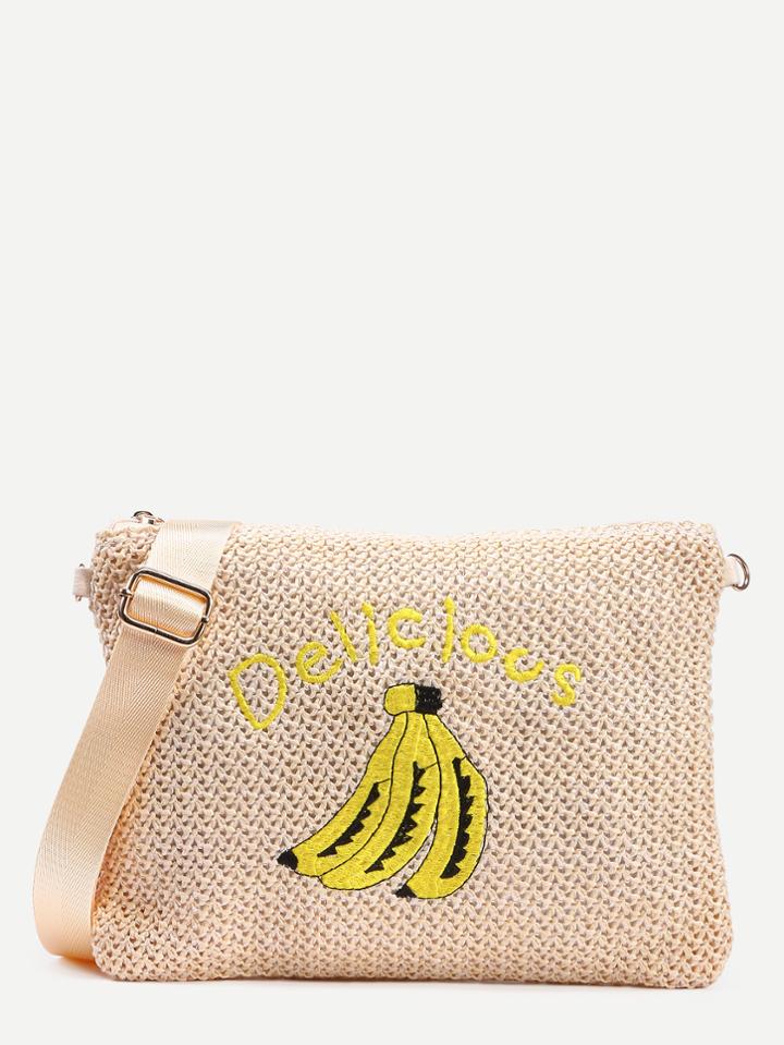 Romwe Beige Banana Embroidered Tassel Trim Straw Clutch Bag