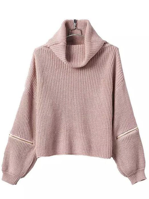 Romwe Pink High Neck Zipper Knit Sweater