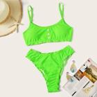 Romwe Neon Lime Button Front Top With High Cut Bikini