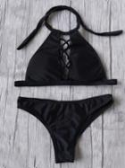Romwe Black Criss Cross Halter Bikini Set