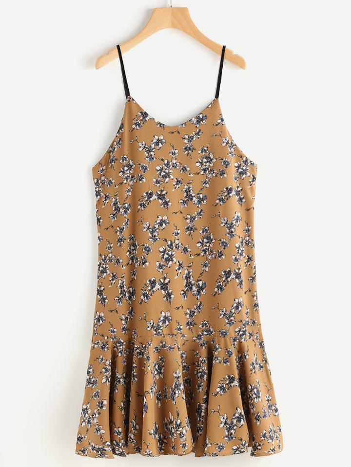 Romwe V Neckline Calico Print Frill Hem Cami Dress