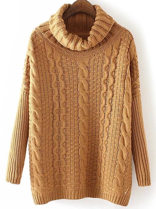 Romwe Turtleneck Split Side Cable Knit Khaki Sweater