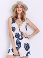 Romwe White V Neck Floral Print Jumpsuit