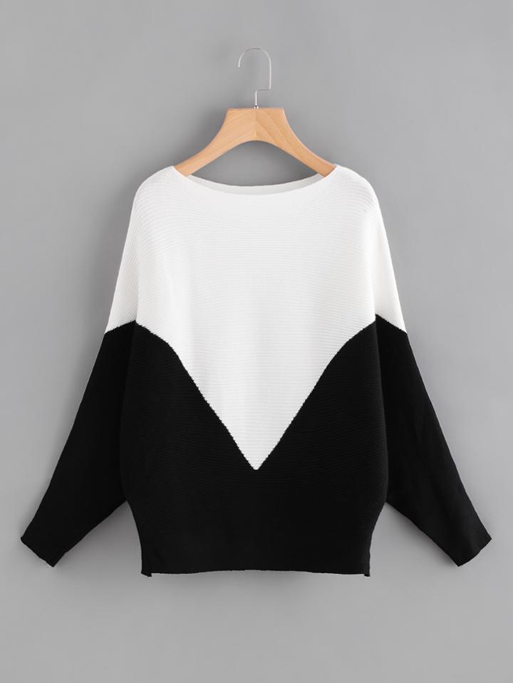Romwe Two Tone Ribbed Batwing Jumper