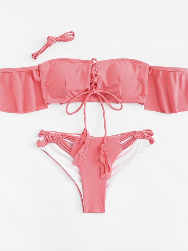 Romwe Lace Up Woven Bikini Set