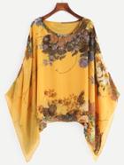 Romwe Yellow Random Floral Print Loose Chiffon Top