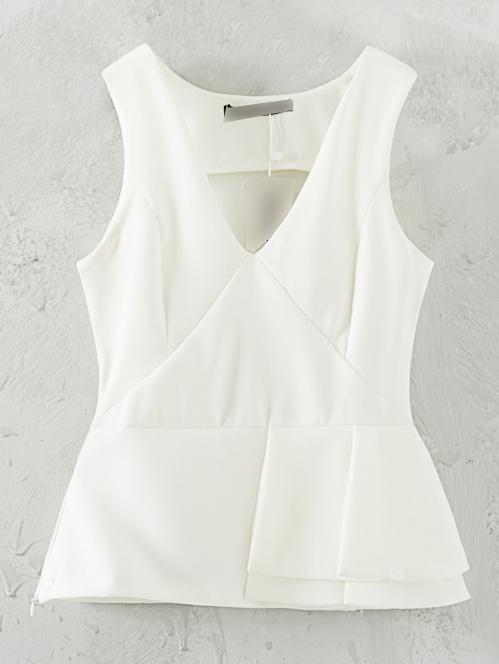 Romwe White Sleeveless V Neck Pleated Side Blouse