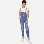 Romwe Flower Embroidered Ripped Denim Overalls