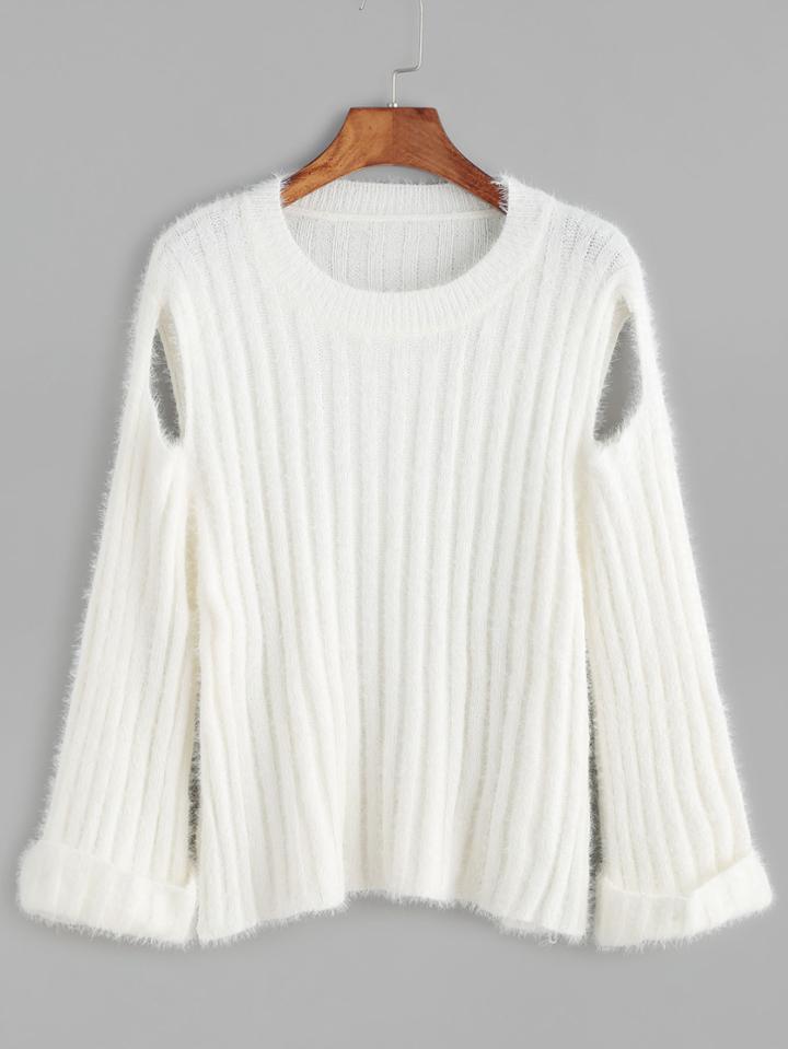 Romwe White Cut Out Roll Sleeve Ribbed Knit Sweater