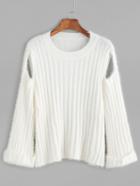 Romwe White Cut Out Roll Sleeve Ribbed Knit Sweater