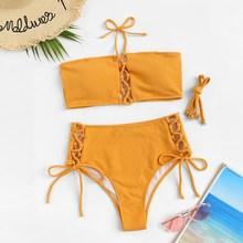 Romwe Removable Strap Bandeau Top With Lace-up Bikini Set