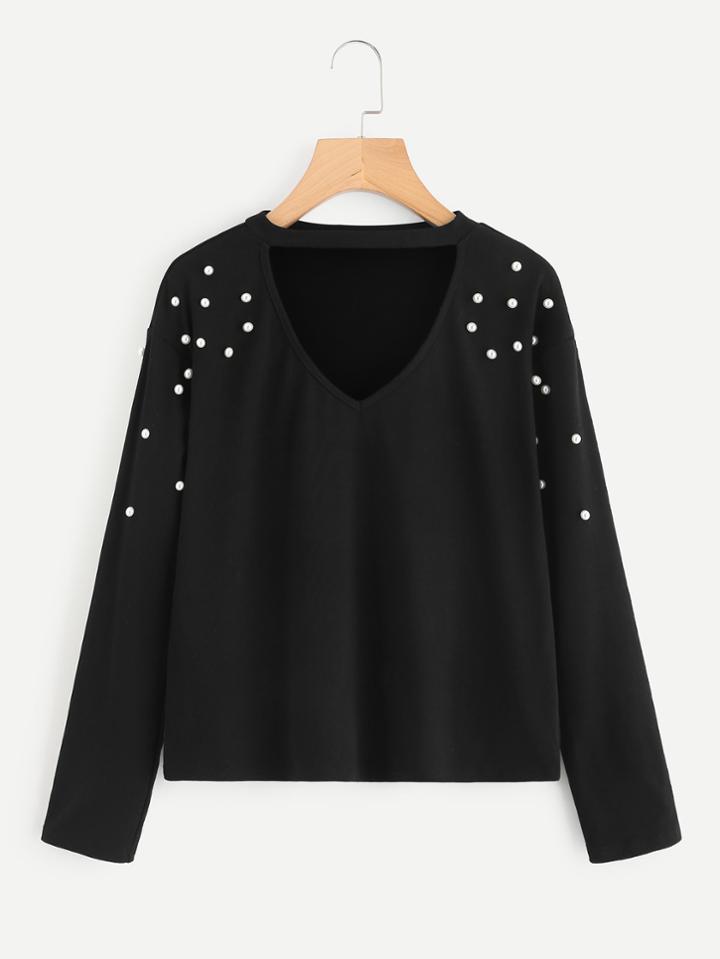 Romwe Drop Shoulder Pearl Detail T-shirt