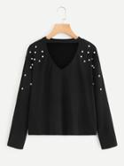 Romwe Drop Shoulder Pearl Detail T-shirt