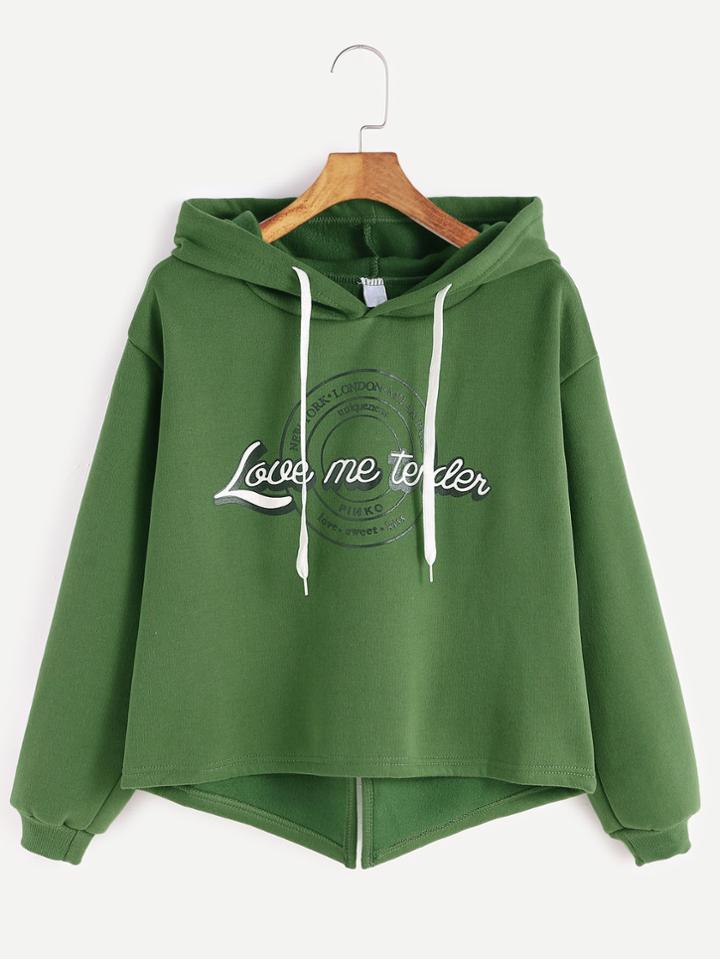 Romwe Green Hooded Letter Print High Low Slit Back Sweatshirt