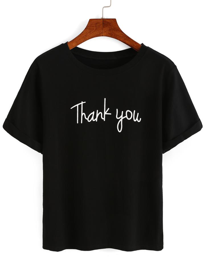 Romwe Letter Print Rolled Sleeve T-shirt - Black