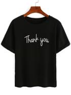 Romwe Letter Print Rolled Sleeve T-shirt - Black