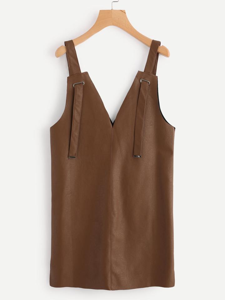 Romwe Deep V Neck Strap Detail Split Side Pinafore Dress