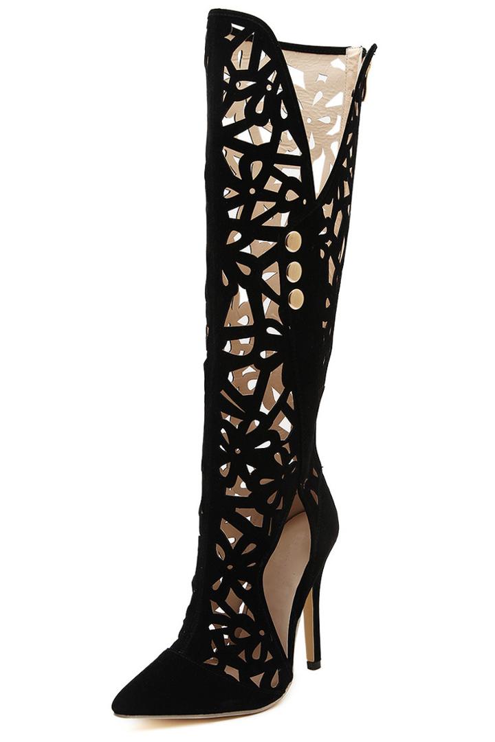 Romwe Black Hollow High Heel Boots