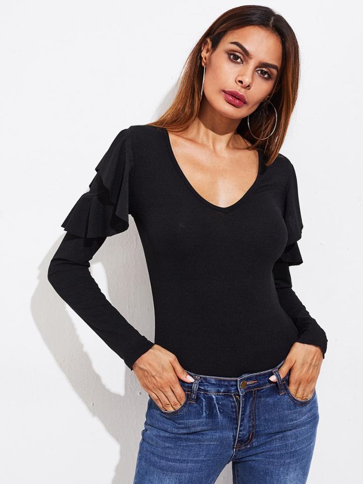 Romwe Flounce Sleeve Slim Fit Tee