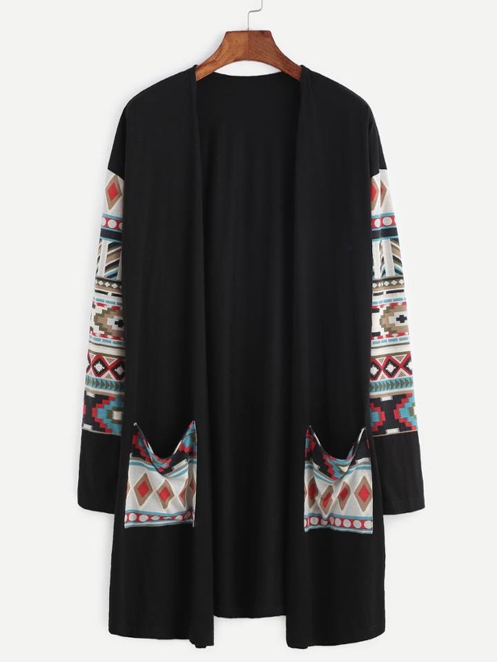 Romwe Black Tribal Print Pocket Front Coat