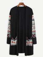 Romwe Black Tribal Print Pocket Front Coat