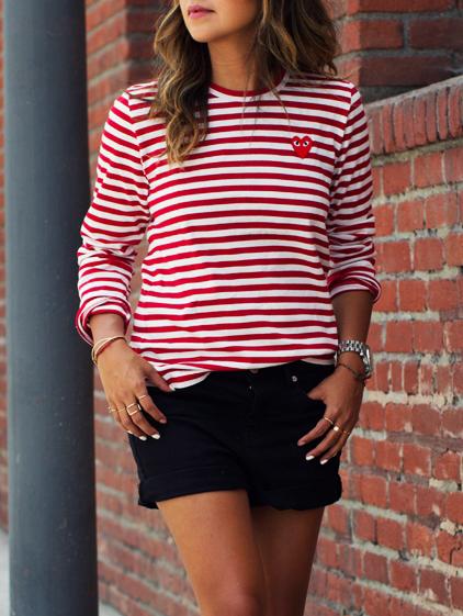 Romwe Red White Long Sleeve Striped T-shirt