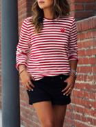 Romwe Red White Long Sleeve Striped T-shirt