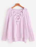 Romwe Pink Eyelet Lace Up High Low Sweater