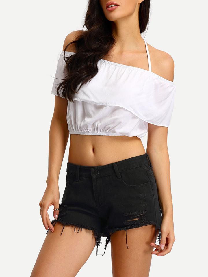 Romwe Disstressed Black Denim Shorts